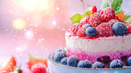 Delicious dessert with berries, cream, and vibrant colors, evoking joy and celebration