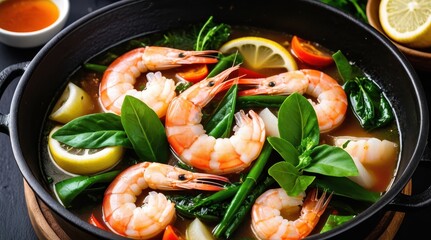 A black pot of shrimp soup garnished with fresh vegetables and lemon slices, surrounded by leafy greens, creates a vibrant and appetizing seafood dish presentation