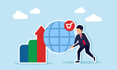 Businessman holding a globe marked with a chart next to a rising graph, illustration of mastering the global market and international or borderless free trade