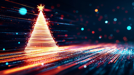 glowing Christmas tree made of light particles shines brightly against dark background, creating festive atmosphere