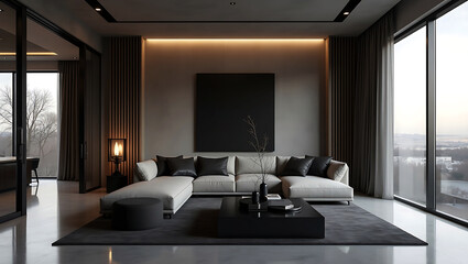 A beautifully designed mid-century modern style minimalist living room in an apartment, warm and cozy interiors with soft evening lighting home decor. The space features a comfortable sofa