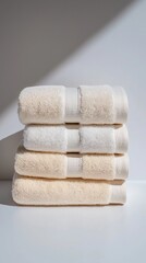 Stack of Plush Spa Towels in Neutral Colors, Bathroom Linen Still Life