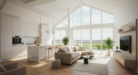 Fototapeta premium Bright Modern Open Plan Living Room with Kitchen and Scenic View