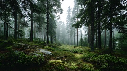 Obraz premium Misty forest floor bathed in soft light