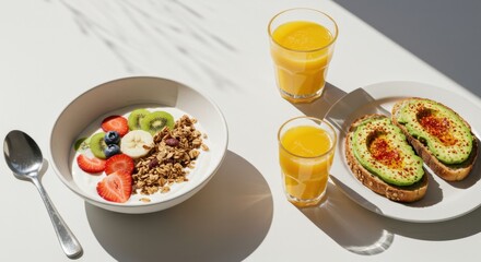 Bright Sunlight Illuminates a Healthy Breakfast Featuring Yogurt Granola Fruit and Avocado Toast