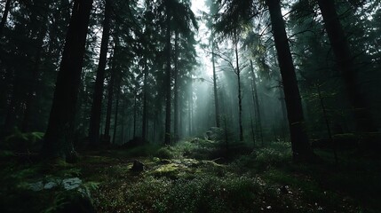 Obraz premium Misty forest floor bathed in sunlight. Dense trees create a shadowy path