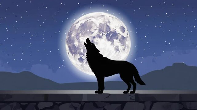Silhouette of a wolf howling at a bright full moon with twinkling stars over the dark mountains, night scene vector illustration