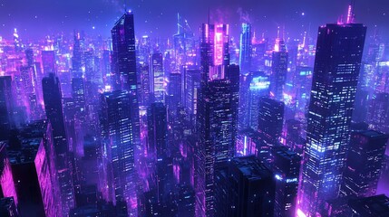 Fototapeta premium Futuristic city glows purple in nighttime urban expanse with tall buildings