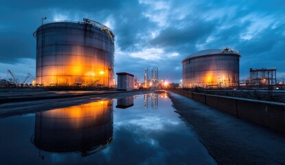 Obraz premium Industrial Storage Tanks Reflecting Night Sky, Illuminated at Dusk, Oil Refinery in Background