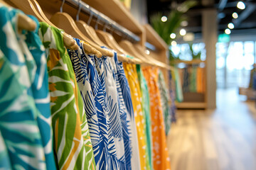 Obraz premium Colorful fabric patterns hang display modern retail store, showcasing vibrant designs and textures. atmosphere feels inviting
