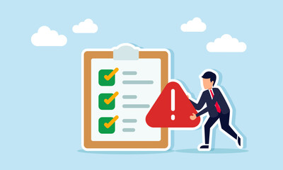 Businessman holding a warning sign next to a checklist board, illustration of project task list that needs extra attention