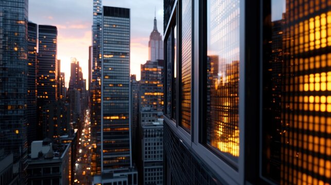 Fototapeta NYC Skyscrapers at Sunset Seen Through City Windows