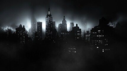 Foggy night cityscape, illuminated skyscrapers, dramatic lighting, background use