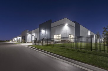 Obraz premium Modern Industrial Building Design: Night View of Secure Facility with Metal Fence, Efficient Lighting, and Spacious Parking Area.