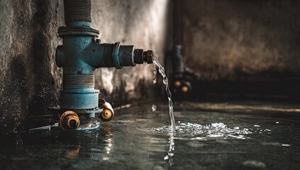 Rusty Pipe Spouts Water into Basin:  A Still Life of Flowing Liquid, Rustic Textures, and Industrial Elements.