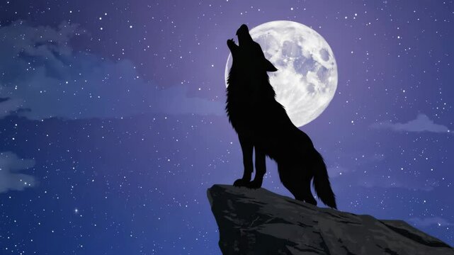 Wolf silhouette howling at full moon on a rocky outcrop in a night sky full of stars, creating a dramatic and moody atmosphere.