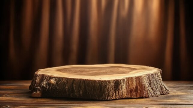 A tree stump display stand on an empty wooden table on a vintage brown background for product display in the studio