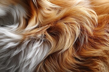 Naklejka premium Close-Up of White and Golden Dog Fur Texture – Wavy Hair Pattern of Red-Haired Shetland Sheepdog Background