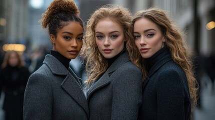 Fototapeta premium City street, diverse models pose, winter coats, blurred background, fashion editorial
