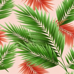 Obraz premium Tropical leaf pattern showcases bold green fronds and vibrant red leaves elegantly arranged on a subtly transparent background design.