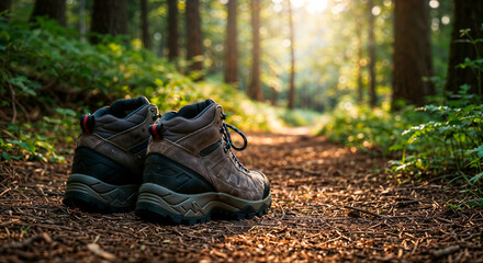Hiking boots resting on a forest trail under soft sunlight  