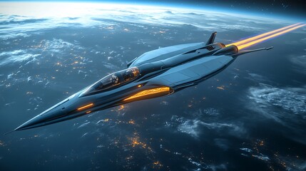 Fototapeta premium Futuristic jet plane soaring over Earth at night