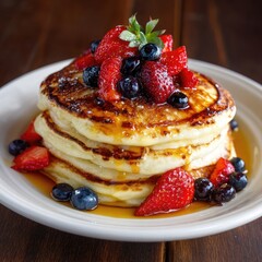Fluffy Pancakes Topped with Berries and Syrup: A Delicious Breakfast Treat