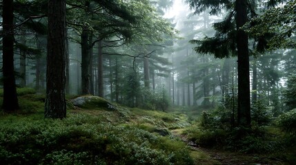 Misty forest path winding through tall trees. Lush greenery and rocks
