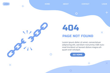 Flat illustration of 404 error page with chain broken concept of lost internet connection modern web page template not found minimal style user interface design vector banner
