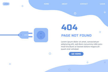 404 error page flat illustration with cable and socket disconnected warning lost internet connection concept modern web page not found template user interface design minimal style banner vector