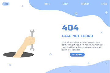 Flat illustration of 404 error page with wrench concept about lost internet connection modern web page template not found minimal style user interface design vector banner