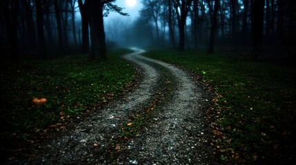 Fototapeta premium Winding path through misty forest at dusk