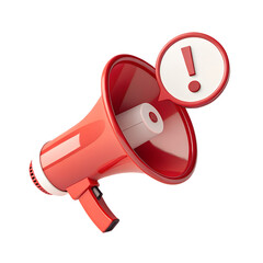 3d render Red megaphone with alert symbol floats near white badge in minimalist digital art with transparent background