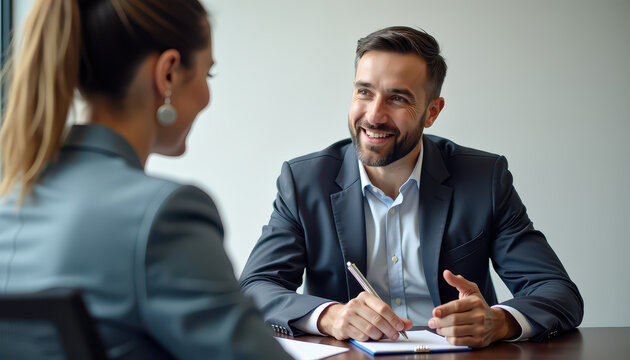 A professional in a suit gives advice to a colleague in an office setting, pointing at a financial chart on a laptop screen, reflecting expertise, guidance, and strategic focus