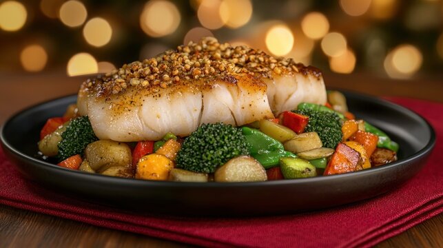 Holiday meal Pan-seared cod with roasted vegetables on festive plate