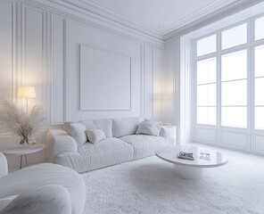 Fototapeta premium A modern living room with a white sofa, coffee table, and rug, and a large window