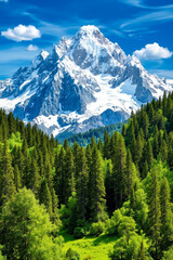 A mountain range with trees in the foreground and a blue sky
