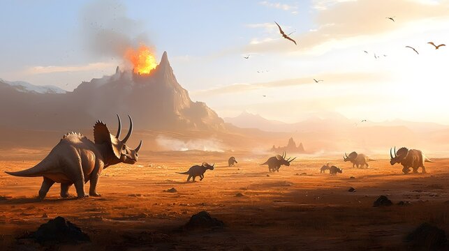 A breathtaking scene of a volcanic eruption in the distance as a herd of mighty triceratops roam the vast plains of a primeval prehistoric landscape  The dramatic