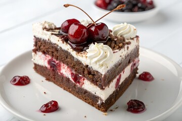 German black forest cake slice with cherry topping, isolated presentation