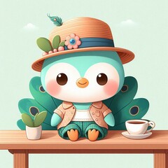 Naklejka premium Cute Peacock wearing clothes and hat, sitting on the table, Plain Background. 