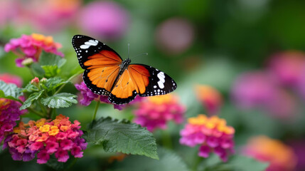vibrant butterfly rests on colorful flowers, showcasing nature beauty and harmony