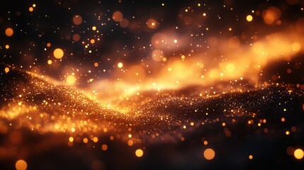 Naklejka premium Golden bokeh lights with sparkles and glowing particles on dark background festive celebration texture