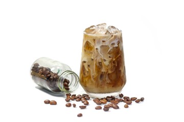 Ready for drink,isolate photo with latte ice coffee serving with coffee beans spread.