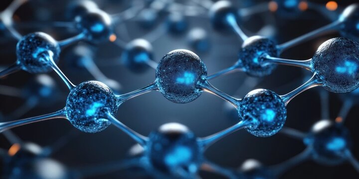 Futuristic molecular nanotechnology spheres glowing blue silver network connection communication structure