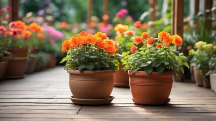 A serene greenhouse interior featuring rows of vibrant flowering plants in terracotta pots