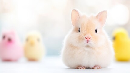 Adorable baby bunny with pastel colored chicks