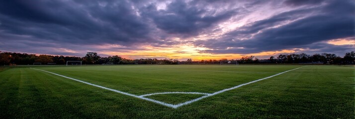Obraz premium Empty soccer field at sunset