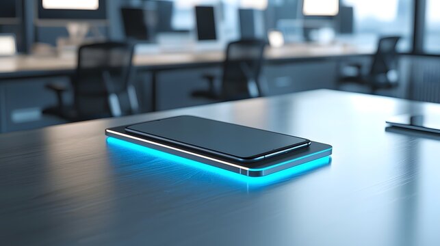 Elegant wireless charging mat with a soft pulsating LED glow illuminating a sleek smartphone resting on the modern minimalist surface