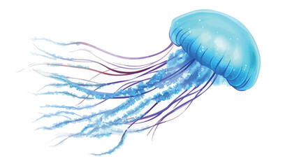 This image shows a jellyfish in great detail against a pure white background. The jellyfish's body is a light blue, almost translucent, with a slight hint of
