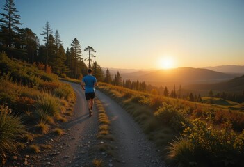 Runner enjoys sunrise along a mountain trail surrounded by trees and greenery